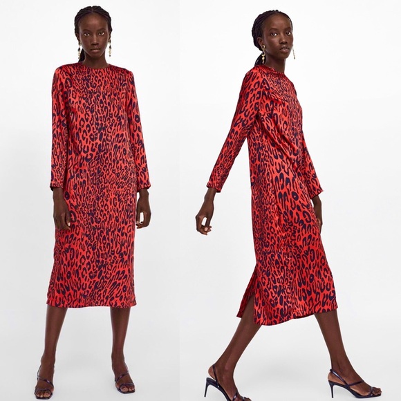 Zara Red Leopard Animal Print Midi Dress - Picture 4 of 8